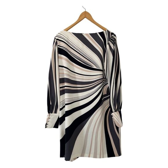 Richard Allan X H&M Black‎ White Tan Printed Swirls Boat Neck Long Sleeve Dress - Picture 3 of 15